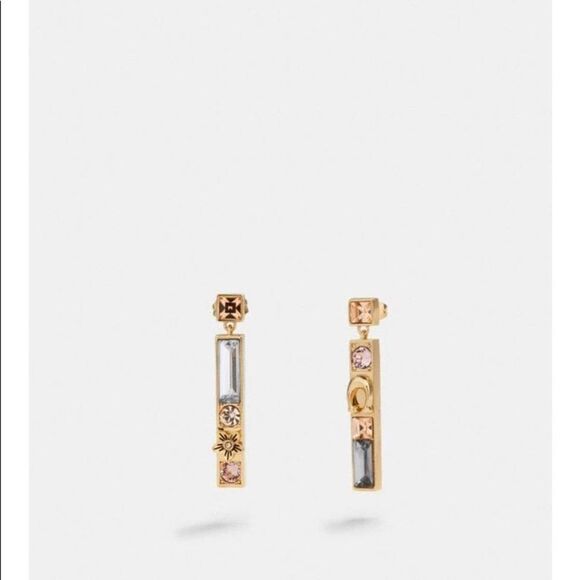 Women's Coach Crystal Gemstone Dangle Bar Earrings Gold Signature C Statement - Picture 1 of 11